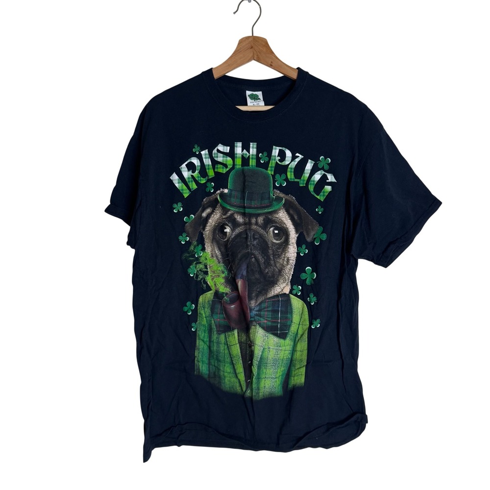 Lucky Tee Shirt Men's Irish Pug St. Patrick's Day Graphic Tee Navy Blue XL